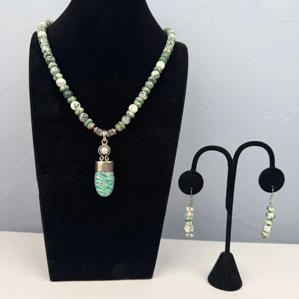 Artisan Sterling 925 Amazonite Pendant Tree Agate Necklace‎ Mother Pearl Set